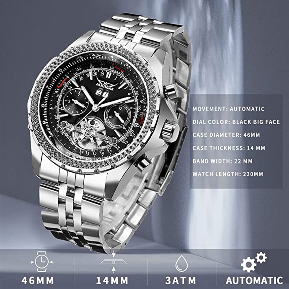 Gute Mens Watches, Mechanical Automatic Stainless Steel Waterproof Watch for Men, Luxury Big Face Multi Functional Tourbillon Calendar Wristwatch