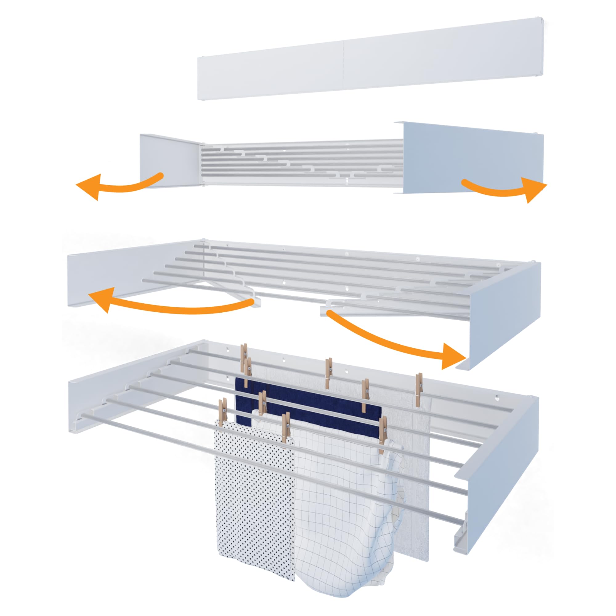 Hot Flow Glide Foldable Wall Mounted Clothes Rack, Retractable Clothes Drying Rack. Sleek Design With 6 x 100cm Rods For 6m Of Hanging Line. Perfect For Saving Space. 25kg Capacity, 100cm, White