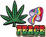 Lot of 3 peace mushroom pot weed rasta reggae hippie retro embroidered appliques iron-on patches new