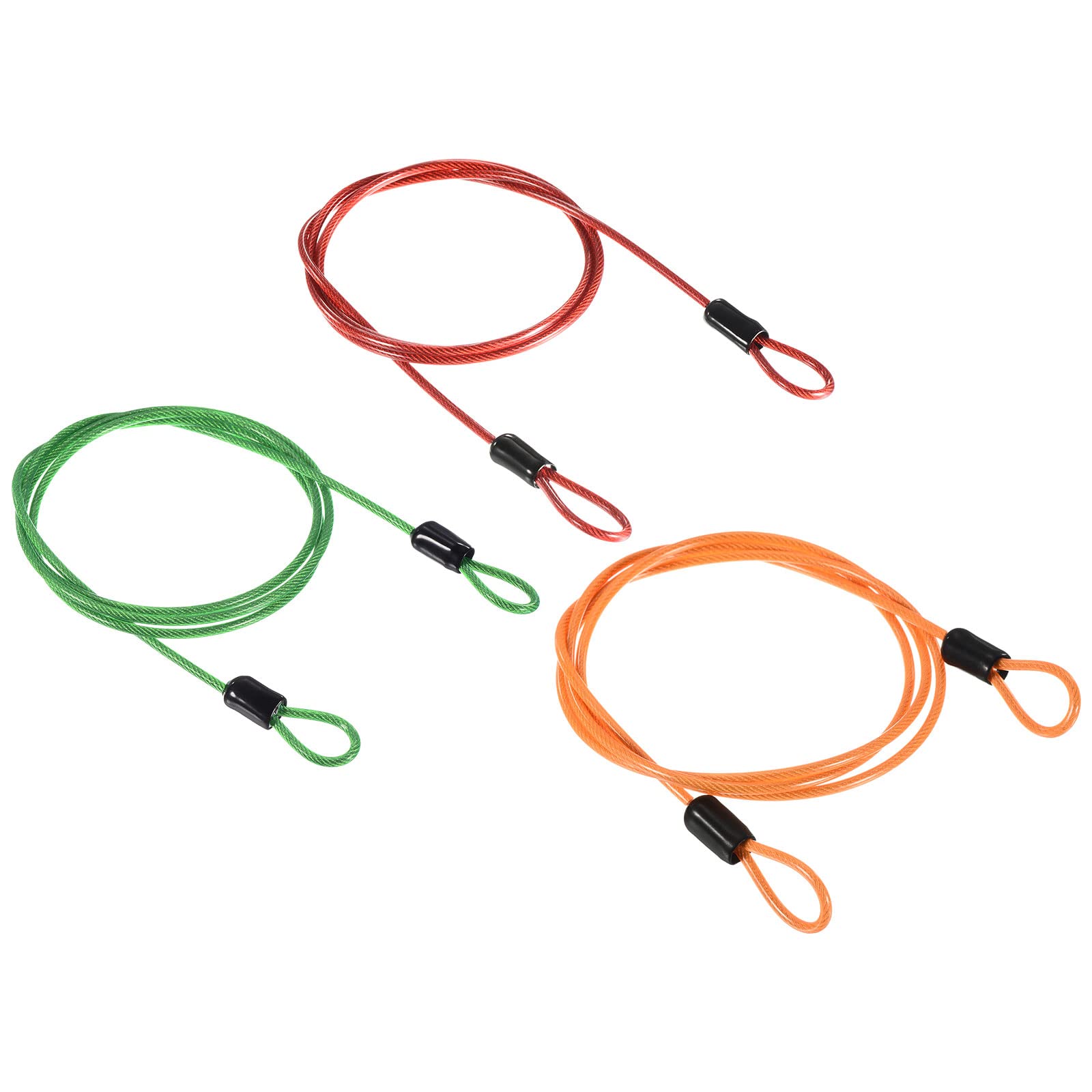 PATIKIL Security Steel Cable 2.5mm x 1m/3.28ft Coated Luggage Lock Wire Rope with Double Loop Green, Orange, Red 3 Pack