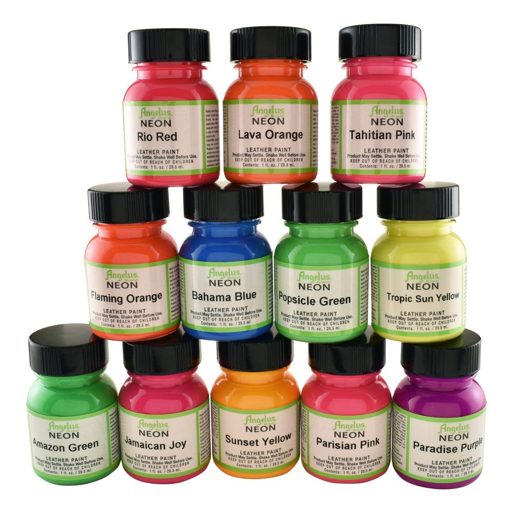 Angelus Leather Paint, Set of 12 Neon Colors, 1oz Jars Buy Online in