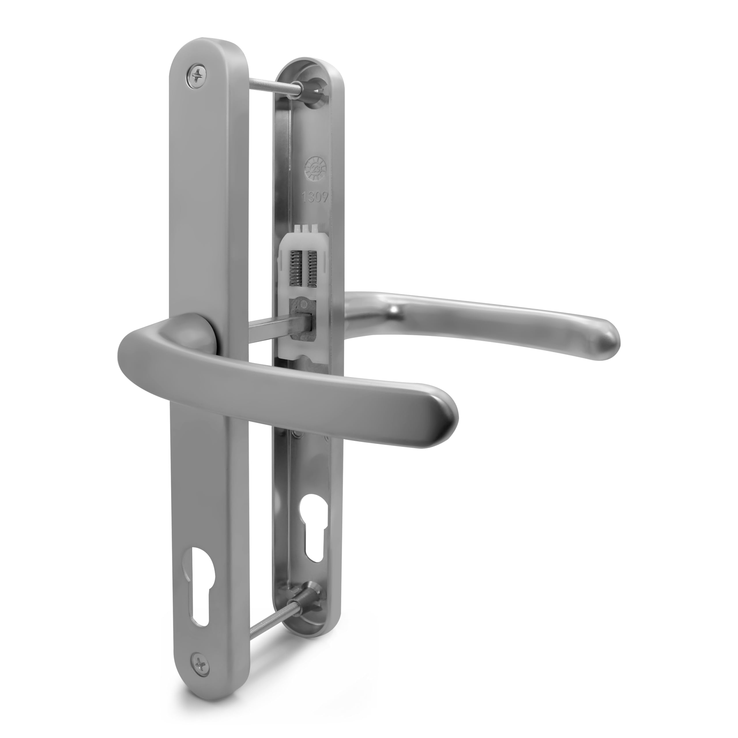 TSS Silver UPVC Door Handle Pair Set, 92mm PZ (Centres), Sprung, Lever Lever, 240mm Screw to Screw (Screw centres), Backplate 270mm x 32mm - Replacement PVC Door Handle in Silver