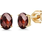 Gem Stone King 14K Yellow Gold Red Garnet Double Notch Stud Earrings | 2.00 Cttw | Gemstone January Birthstone | Oval Checkerboard 7X5MM | Gold Earrings For Women Men