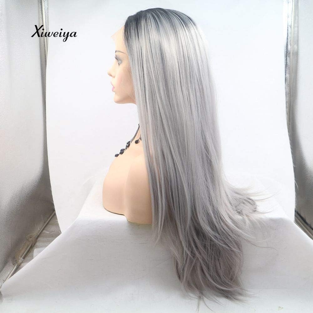 Xiweiya Ombre Grey Wigs Long Silky Straight Hair Short Dark Roots Synthetic Lace Front Wigs For Women Heat Resistant Fiber Long Hair Middle Parting For Women Hair - Image 5