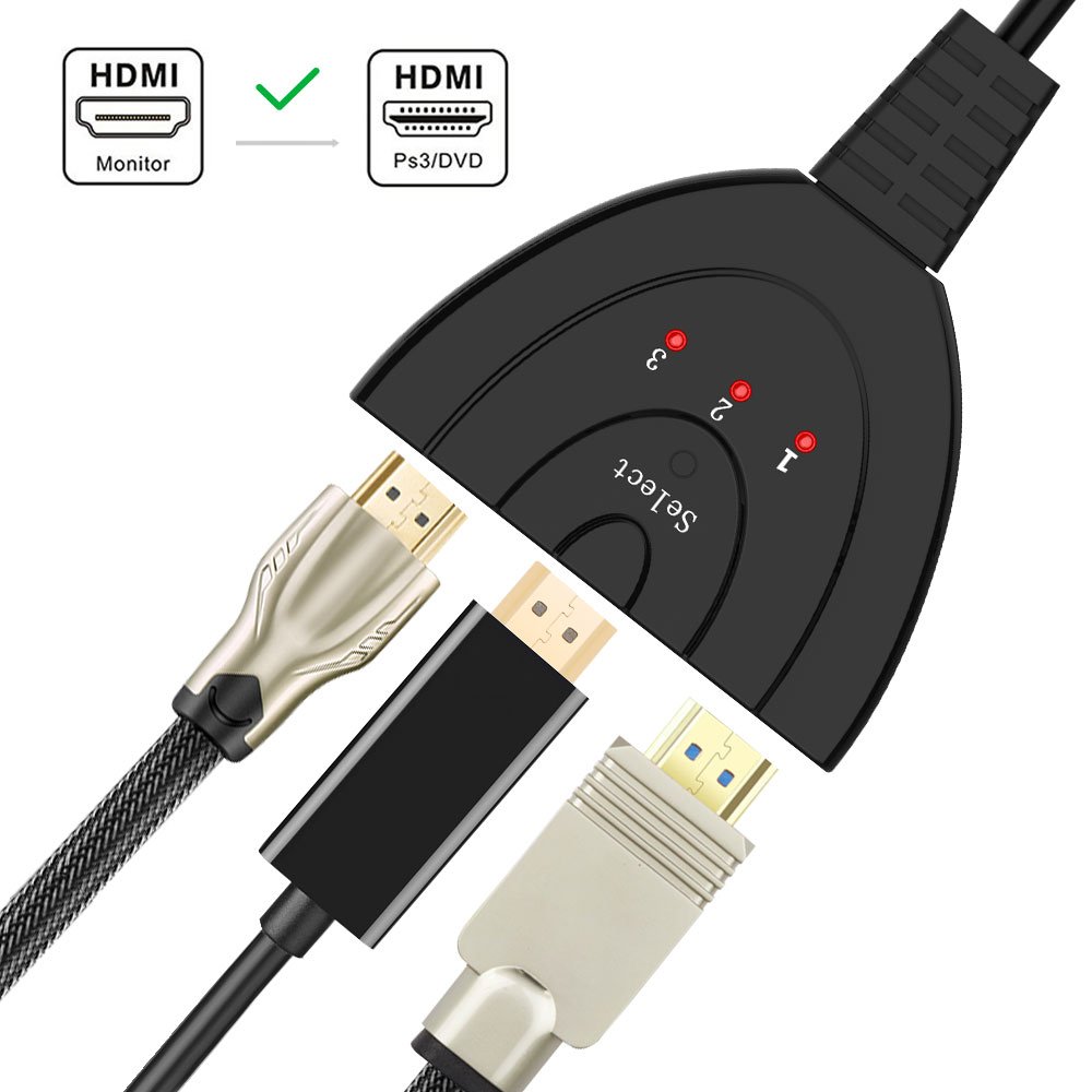 ranipobo HDMI Switch, 3 in 1 out HDMI Splitter with High Speed Switch Pigtail Cable Supports 3D 1080P HD Audio for HDTV,Projector Computer