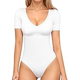 MANGOPOP Women's Long Sleeve Short Sleeve Bodysuit Sexy V Neck Body Suits Fitted Fall Going Out Tops