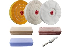 SONGZHIHAO PURUI 7PC 4 Inch Buffing Wheel Kit for Drill or Mini Bench Grinder-Includes 3PC Buffing Wheels with Shellac Pin-Hole Center-3PC 100g Bar Brown, Blue, Rouge Polishing Compound-1PC 1/4" Drill Adapter