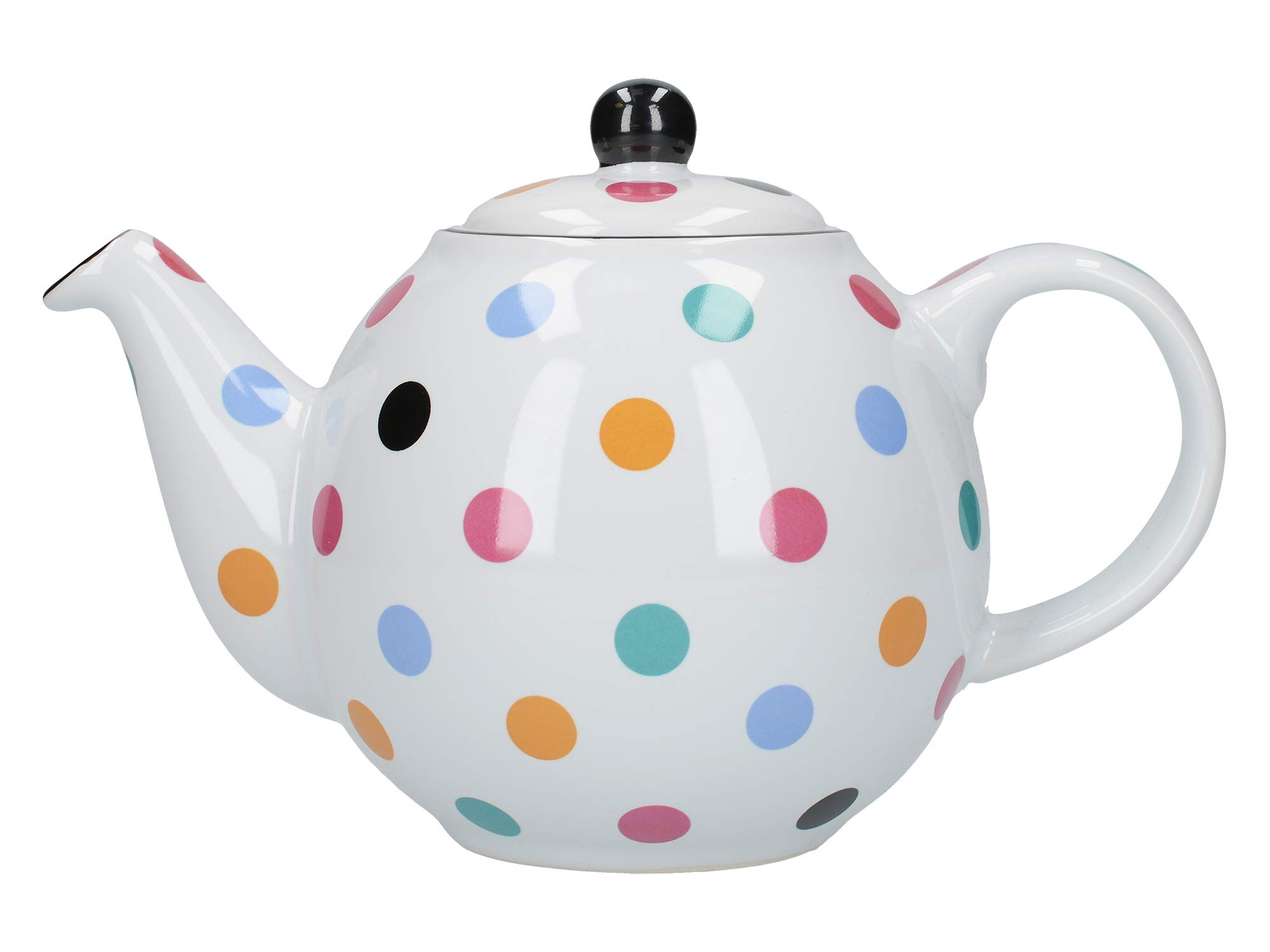 London Pottery Globe Polka Dot Teapot with Strainer, Ceramic, White/Multi Spot, 6 Cup (1.2 Litre)