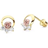 14k REAL Two Tone Gold Flower Stud Earrings with Screw Back