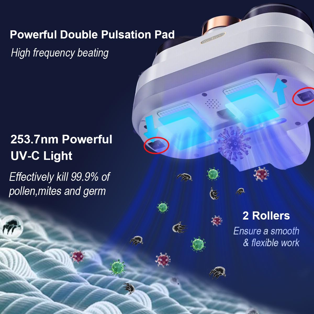 Ne Ros Anti-allergen Mattress Vacuum, Bed Vacuum Cleaner UV Sanitizing,Double Beating Brush Bed Vacuum,Powerful Suction/Ultrasonic/Removes Dust Mite Matters,Bacteria,Virus (A-White)