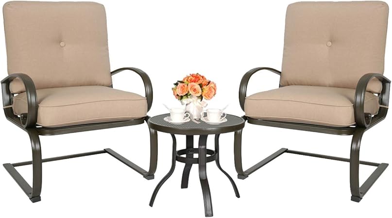 Amazon Com Ulax Furniture 3 Pcs Outdoor Bistro Set Patio Springs Action Chairs Conversation Set With Cushions Beige Garden Outdoor
