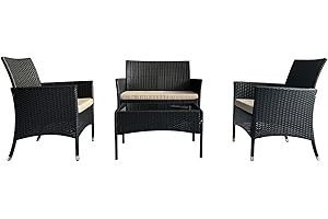 Ophelian 4 Piece Wicker Patio Furniture Set with Comfortable Cushion, Garden Pool Backyard, Coffee/Beige