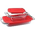 Pyrex Easy Grab 4-Piece Glass Baking Dish Set with Lids, 3-Qt & 2-Qt Glass Bakeware Set, Non-Toxic, BPA-Free Lids, Tempered G