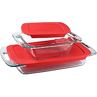 Pyrex Easy Grab 4-Piece Glass Baking Dish Set with Lids, 3-Qt & 2-Qt Glass Bakeware Set, Non-Toxic, BPA-Free Lids, Tempered G