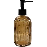 Black Pump Glass Soap Dispenser, 13.5oz Brown Stripe Countertop Refillable Liquid Bottle Hand Dish Lotion Dispenser with Plastic Pump, for Kitchen, Bathroom Countertop