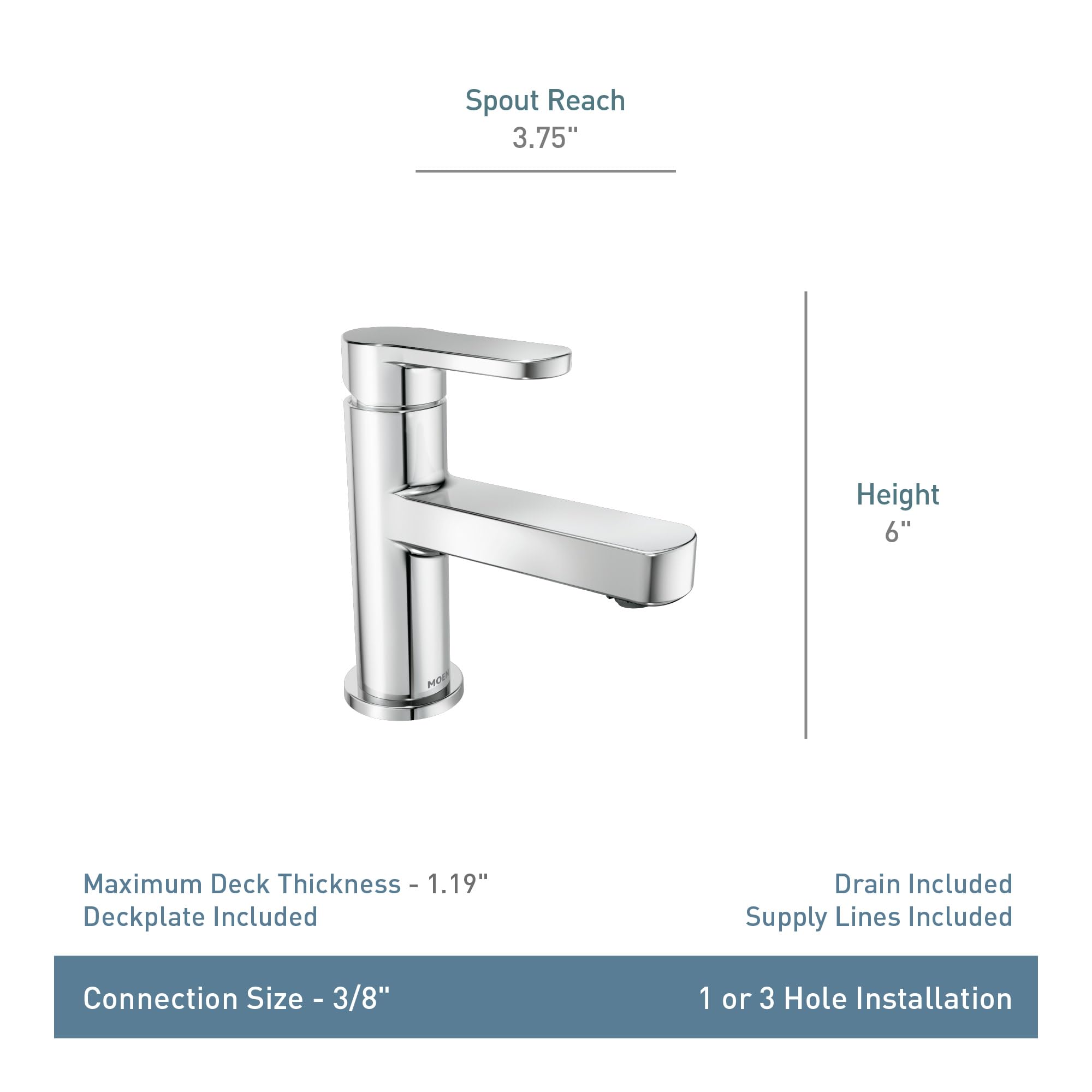 Moen Laris Chrome One-Handle Single Hole Modern Bathroom Sink Faucet with Optional Deckplate and Spring Loaded Drain Assembly, 84014