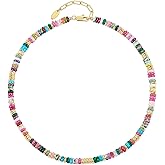 NVWAROCK Beaded Necklace for Women, Colorful Boho Beach Handmade Bead Choker, 14K Gold Plated Stackable Bohemian Multicolor Natural Stone Necklace