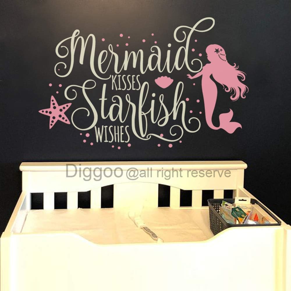 Diggoo Mermaid Kisses Starfish Wishes Wall Decal Quote Mermaid Wall Sticker Girls Room Decor Beach Wall Decal Kids Nursery Decor (White + Soft Pink,14" h x 22" w)