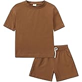 KISBINI Toddler Kids Plain Short Sleeve T-Shirt and Shorts Set Unisex Cotton Summer Outfit Clothes for Little Boys or Girls