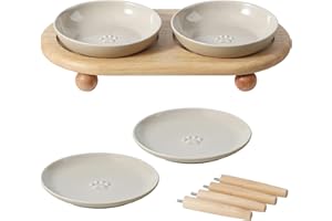 Havniva Raised Ceramic Wide Whisker Friendly Cat Dishes, Food& Water Bowl with 2 Style Stand Adjustable Pet Bowl Set, Anti Whisker Fatigue(2Dish+2Shallow Dish+Stand