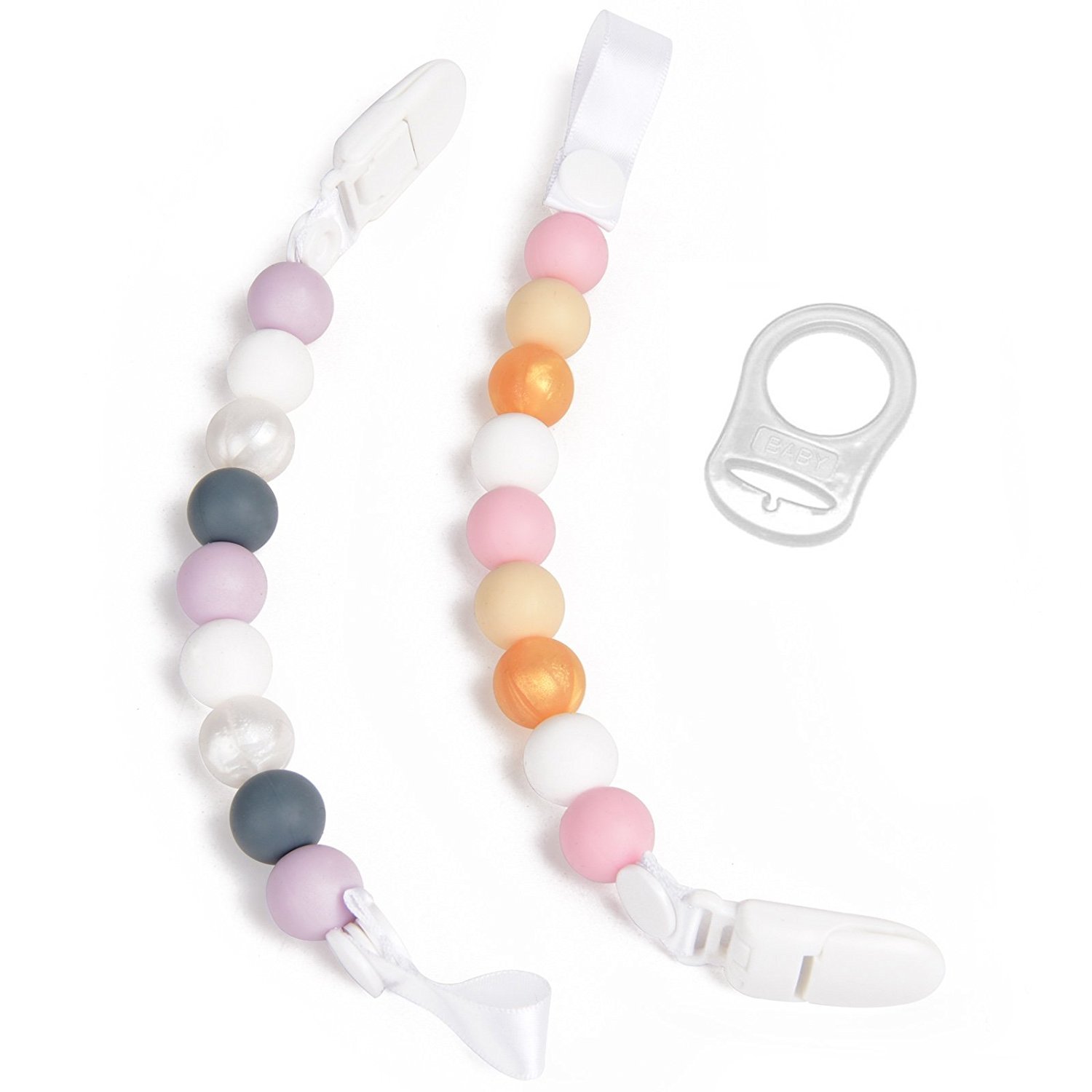 Teether Pacifier Clip 2-Pack Pearls Silicone Binky Holder Teething Toy