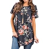 Ezcosplay Womens Tunic Tops Short Sleeve Summer Floral Print Casual Asymmetric Hem Tunic Shirts to Wear with Leggings