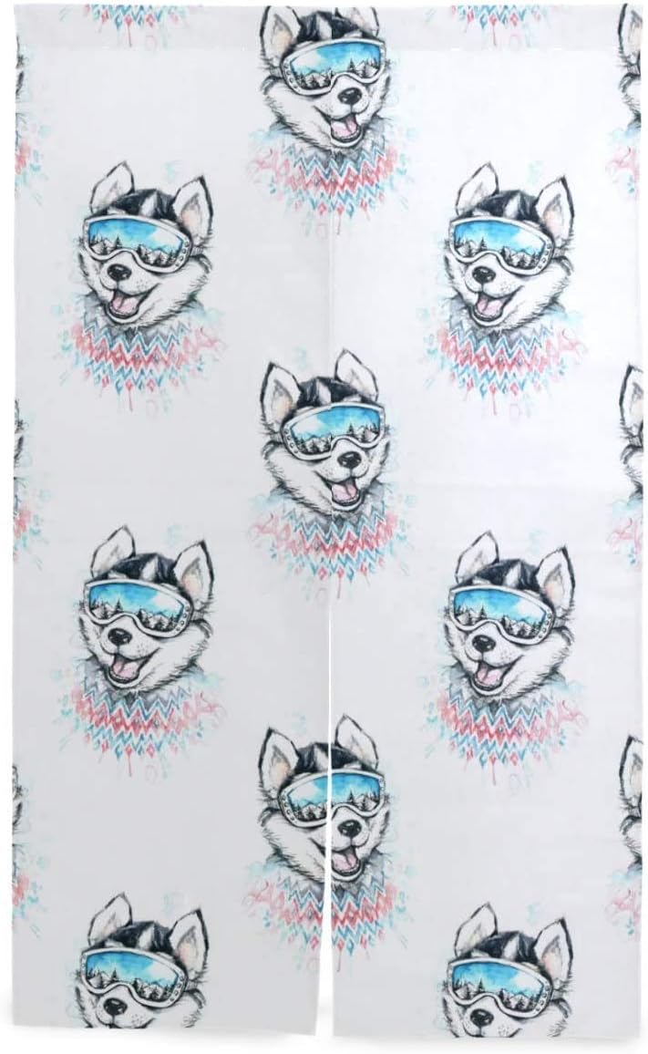 Amazon Tinzzeros のれん おしゃれ スキーヤーハスキー犬水彩イラストシームレス 縞模様 季節を感じ 麻のれん コンパクト 可愛ら 遮像 北欧風 綿麻混 軽やか 突っ張り棒付き 幅85 丈150 のれん オンライン通販