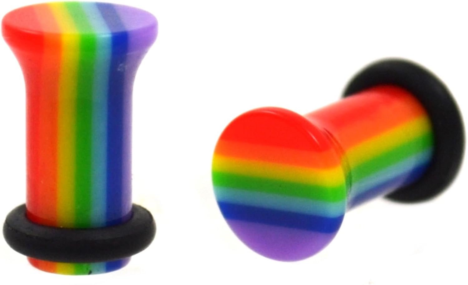 Pair (2) Rainbow Striped Ear Plugs Single Flared Acrylic Gauges w/ORing 4G 5MM
