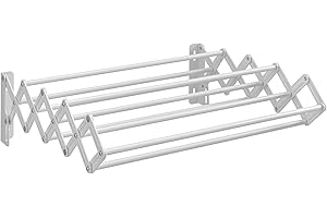 SONGMICS Clothes Drying Rack, Wall-Mounted Drying Rack Clothing, Small Accordion Laundry Rack, 9 Staggered Hanging Rods, Expandable and Retractable, Cloud White ULLR802W01