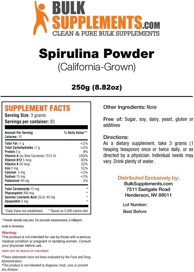 Bulksupplements Spirulina (California-Grown) Powder (250 Grams): Health & Personal Care