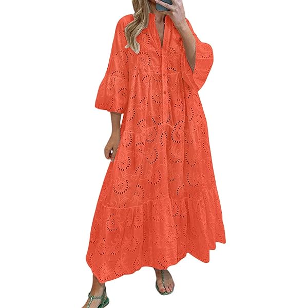 chouyatou Women's 2025 Lace Eyelet Embroidery Maxi Dress V