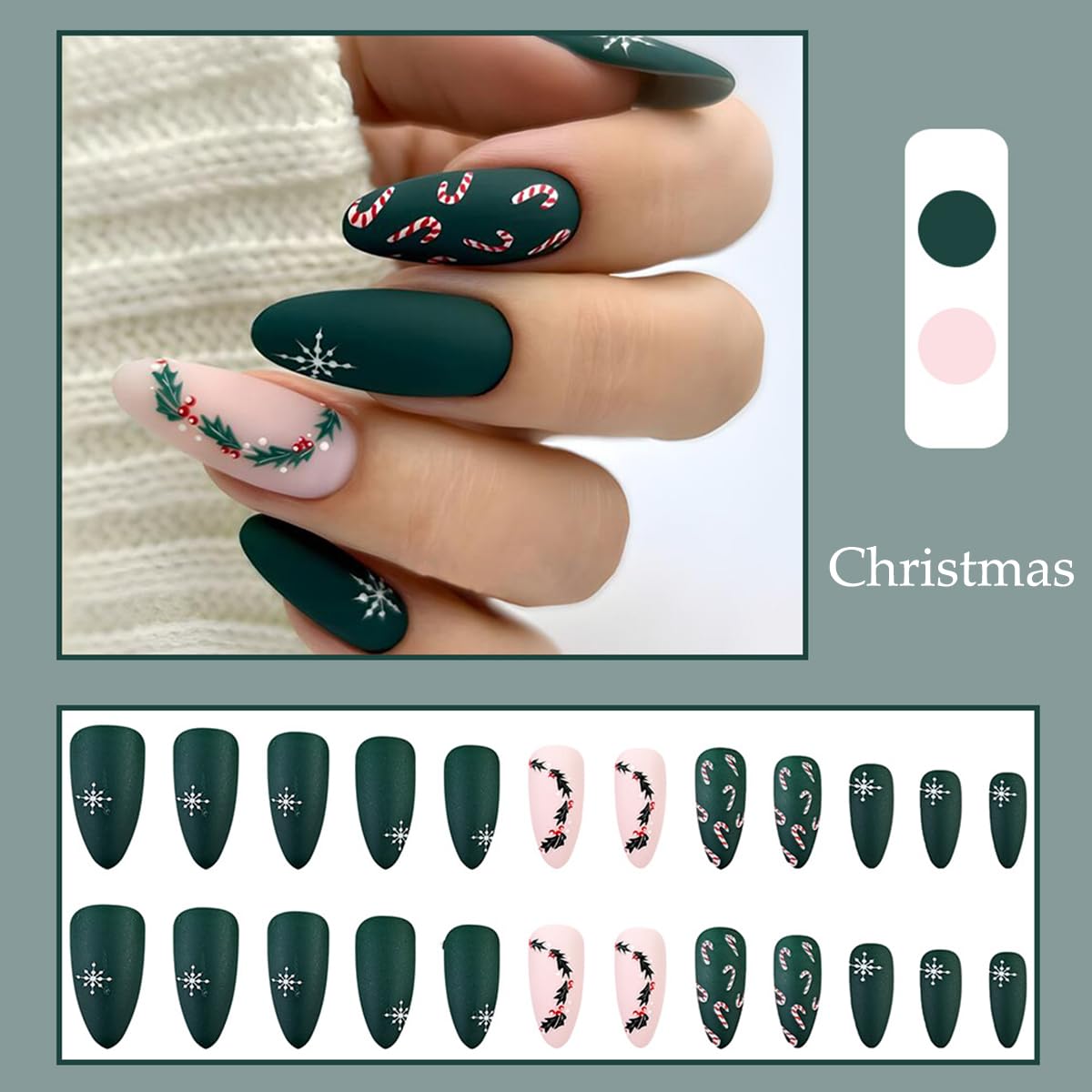 Christmas Press on Nails Medium Almond Fake Nails Winter Snowflake Acrylic Nails with Xmas Holly Candy Designs Full Cover Green Matte False Nails Cute Christmas Stick on Nails for Women, 24 Pcs - Image 2