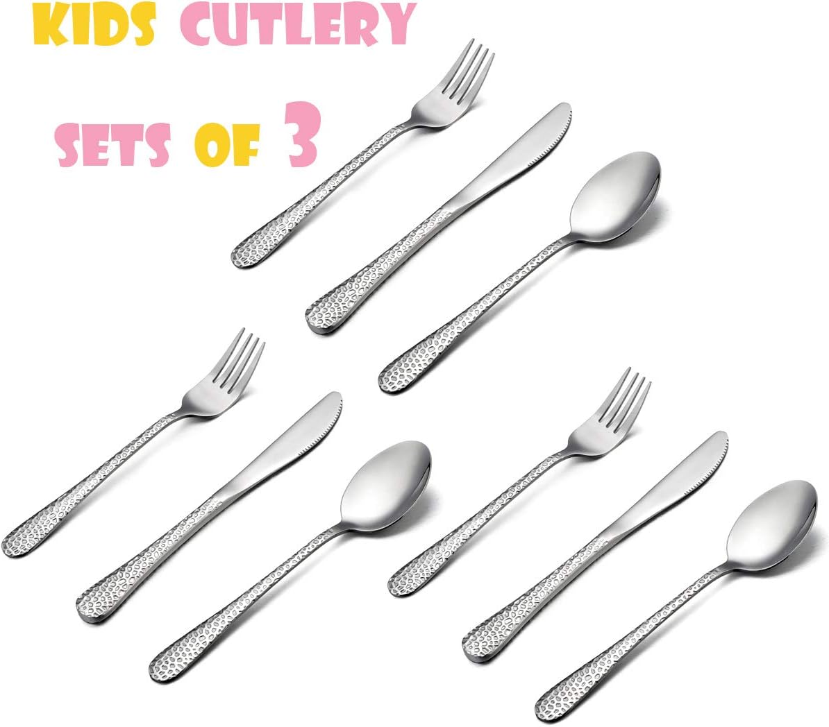 HaWare Kids Cutlery Sets, 9 Piece Hammered Stainless Steel Children Flatware Silverware - Image 3