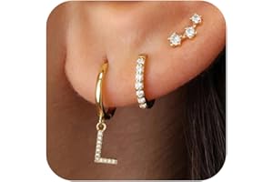 JIAOGE Gold Earrings for Women Girls - 3 Pairs Gold Studs Huggie Hoop Earrings with Initial Dangle Cartilage Earrings for Girls Hypoallergenic Earring Set for Multiple Piercing Gifts for Women