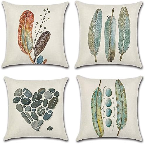 HuifengS Linen Throw Cushion Pillow Covers Square Pillowcase Feather Decorative for Sofas Beds Chairs Cushion Cover Set of 4, 18 x 18 Inch