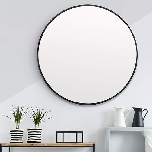 Black 60cm Leafshop Wall Mirror Alloy Frame Large Round Vanity Wall Hanging Mirrors For Entryways Washroom