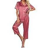 Ekouaer Womens Satin Pajamas Silk Capri Pjs 2 Piece Lounge Sets Short Sleeve Button Down Sleepwear