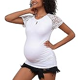 MOMOOD Maternity Shirts Lace Short Sleeve Maternity Tops Round Neck Maternity Blouse