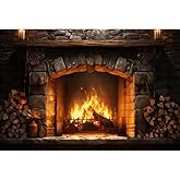 Laeacco 7x5ft Vintage Brick Stone Fireplace Backdrop Burning Firewoods Photography Background for Halloween Christmas Interior Decor Baby Shower Birthday Party Cake Table Banner Photo Booth Props