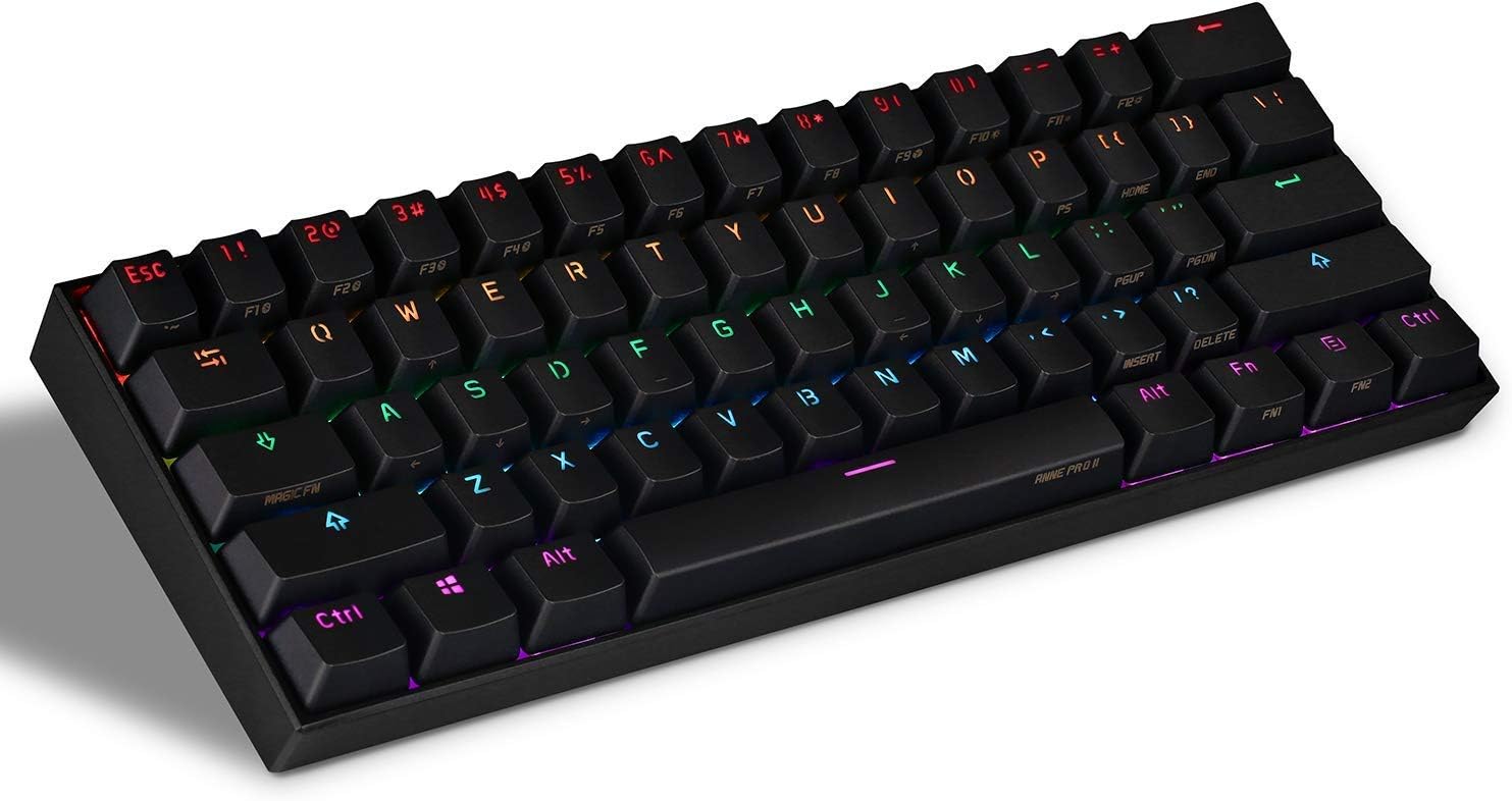 Anne Pro 2 Mechanical Gaming Keyboard 60% True RGB Backlit - Wired/Wireless Bluetooth 4.0 PBT Type-c Up to 8 Hours Extended Battery Life, Full Keys Programmable by Obins (Gateron Red, Black)
