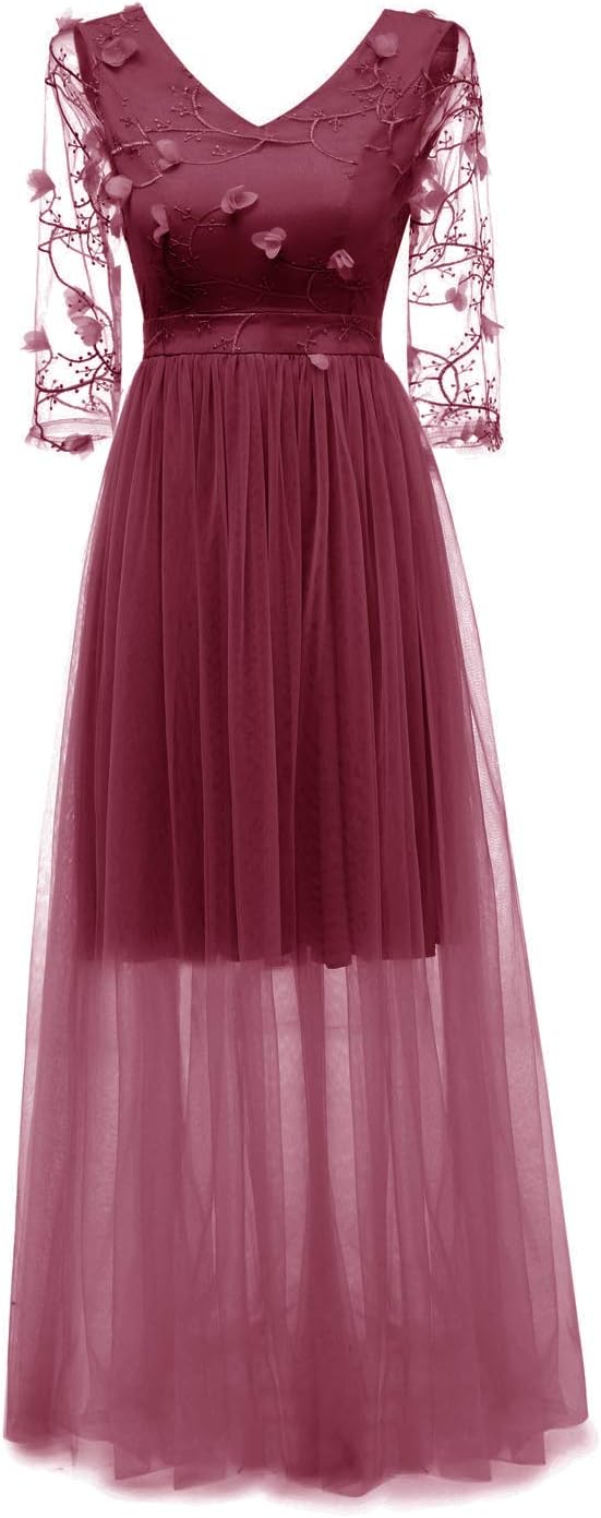 Bright Deer Women V Neck 3/4 Sleeve 3D Flower Applique Mesh Embroidered Tulle See Through Skirt Prom Maxi Evening Dress Bridesmaid Ball Gown 10 M Wine