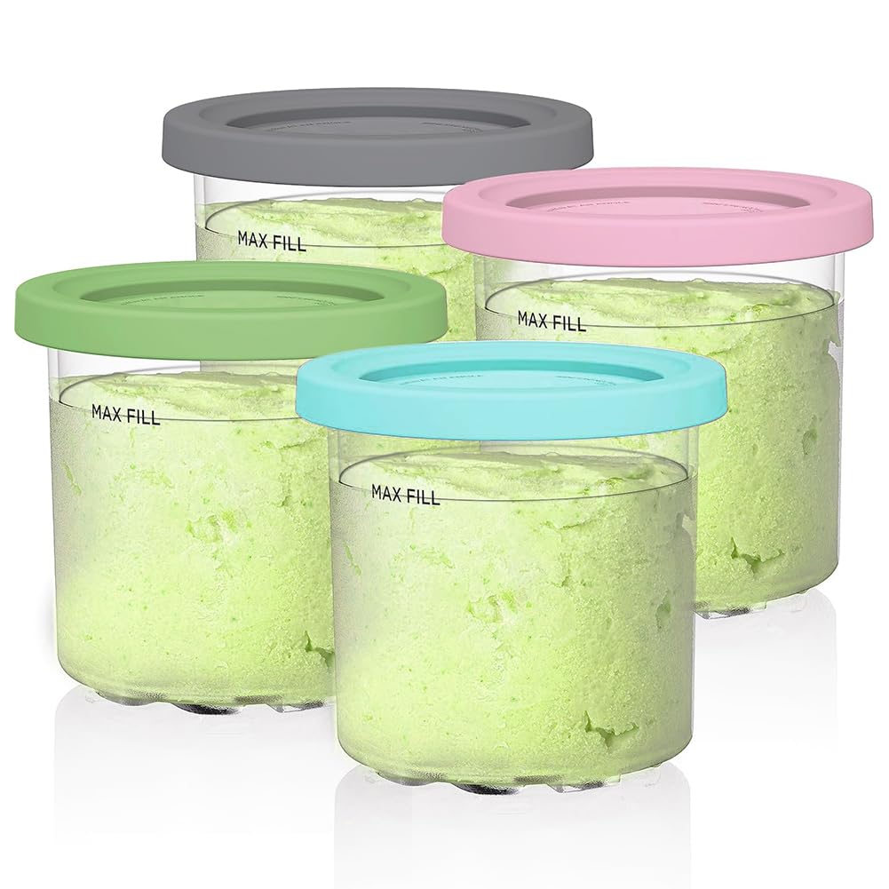 AUMUA 4 Pack Ice Cream Pints Compatible with Ninja NC300UK NC300UKCO NC300UKCP NC301 Creami Ice Cream & Frozen Dessert Maker, BPA-Free & Dishwasher Safe, 16oz Tubs Containers with Color Lids