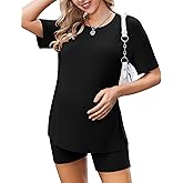 Ekouaer Women's Maternity Pajamas Sets 2 Piece Outfits Short Sleeve Shirts and Biker Shorts Pregnancy Loungewear Mama Clothes