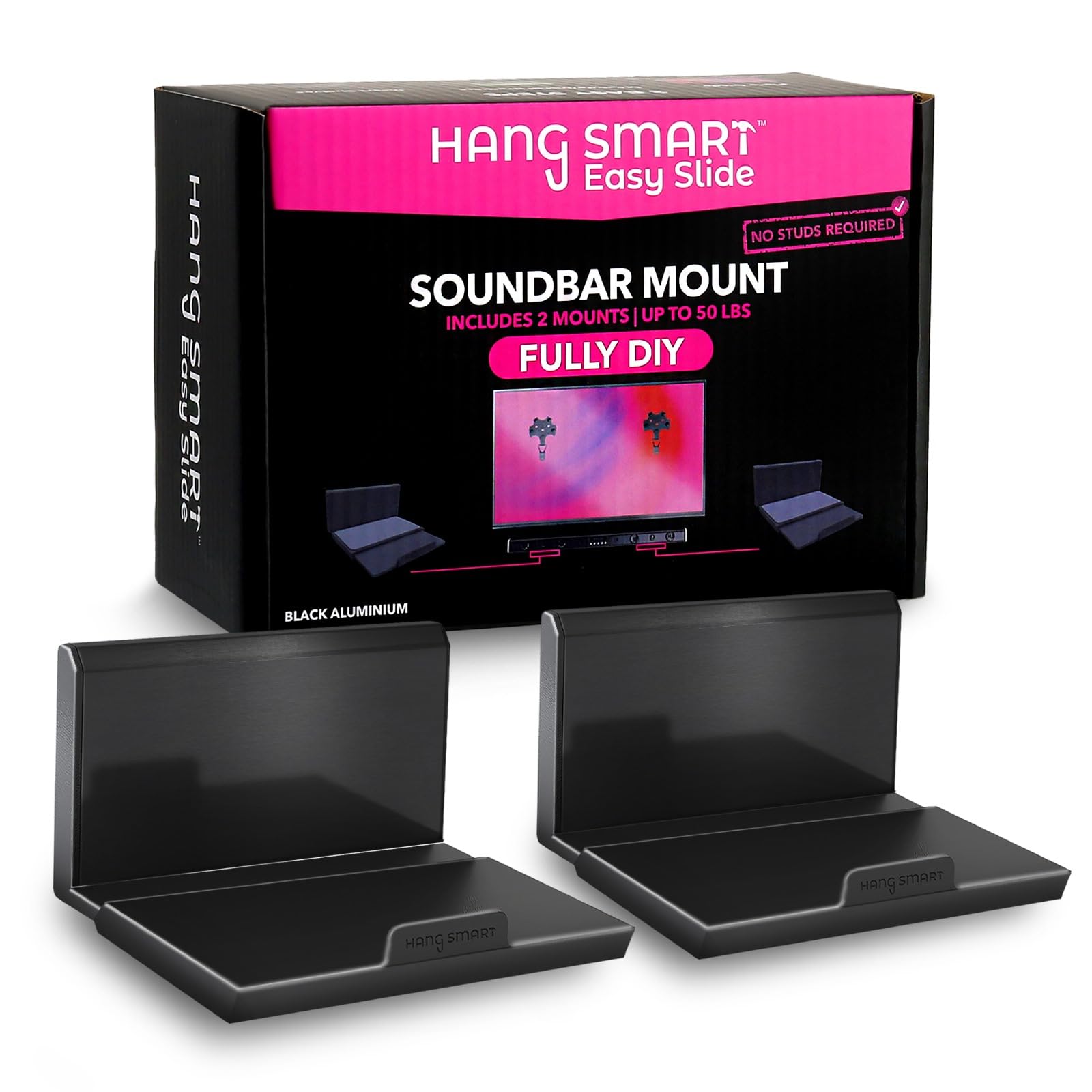 HangSmart TV Soundbar Mount NO Stud Easy Install, DIY Universal Sound Bar Wall Mount Bracket, Holds up to 50LBS, Multi-Purpose fits Most Soundbars, Include Hardware (Black, 1LB-50LB)