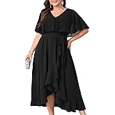 Women Plus Size Long Formal Dress Short Sleeve Chiffon Ruffle V Neck High Low Split Wedding Guest Maxi Dresses