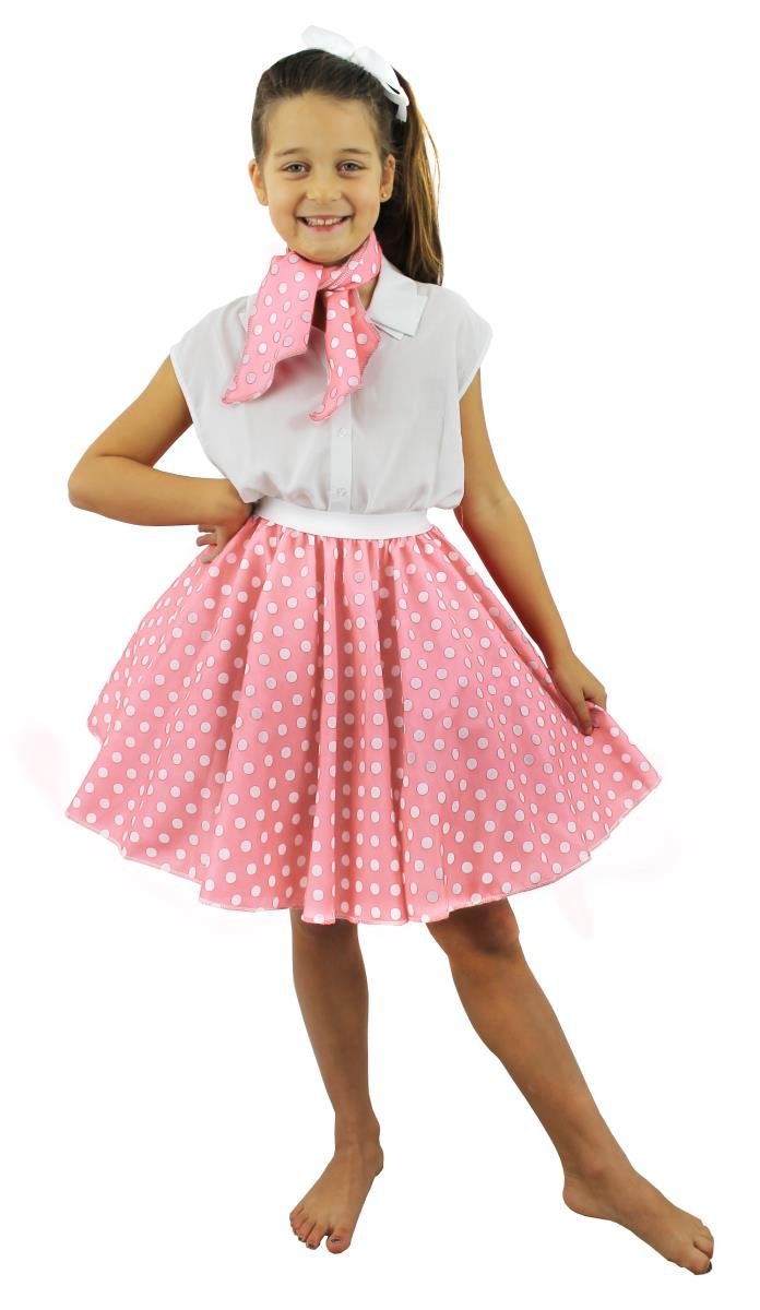Deluxe Child's Rock n Roll Skirt Fancy Dress Costume - 18"/47 cm Polka Dot 50's Skirt with Neck Scarf Coloured - Rock 'n' Swing Outfit Child (18" Long - Light Pink with White Dots)