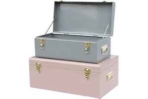 Vixdonos Metal Trunks College Dorm Steel Chests Decorative Storage Box Set of 2 Bedroom Organizer for Home Decor,23.7X14.2X9.5 Inches(Grey and Pink)