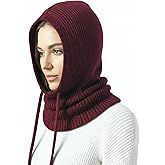 Dresyu Hooded Scarf Balaclava for Women Men, Winter Knit Neck Warmer Hood Hat with Drawstring, Windproof Skull Cap Snood
