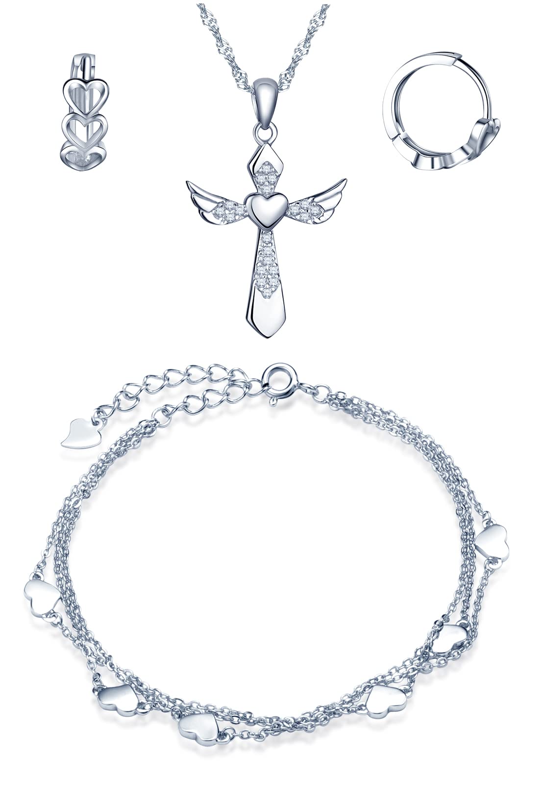 CPSLOVE Necklace Bracelet and Hoop for womens and girls, 925 Sterling Silver Jewellery Sets, Cross Heart Necklace Pendant, Three Layer Chain Heart Bracelet, Heart Hoop Earrings Creole, Silver