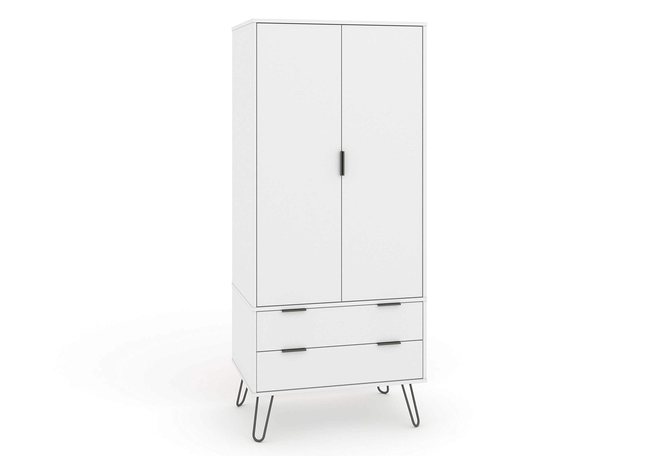 Home Source 2 Door Wardrobe Cupboard, Industrial Storage Cabinet, White Finish, 2 Drawer